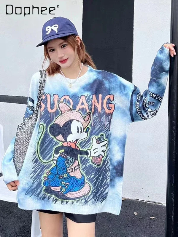 Zware Industrie Hot Diamond Tij Merk Herfst Oversized Gebreide Trui Dames Cartoon Print Faux Nerts Haar Top Herfst Winter