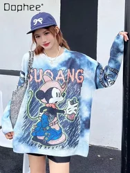 Heavy Industry Hot Diamond Tide Brand Autumn Oversized Knitted Sweater Women's Cartoon Printing Faux Mink Hair Top Autumn Winter