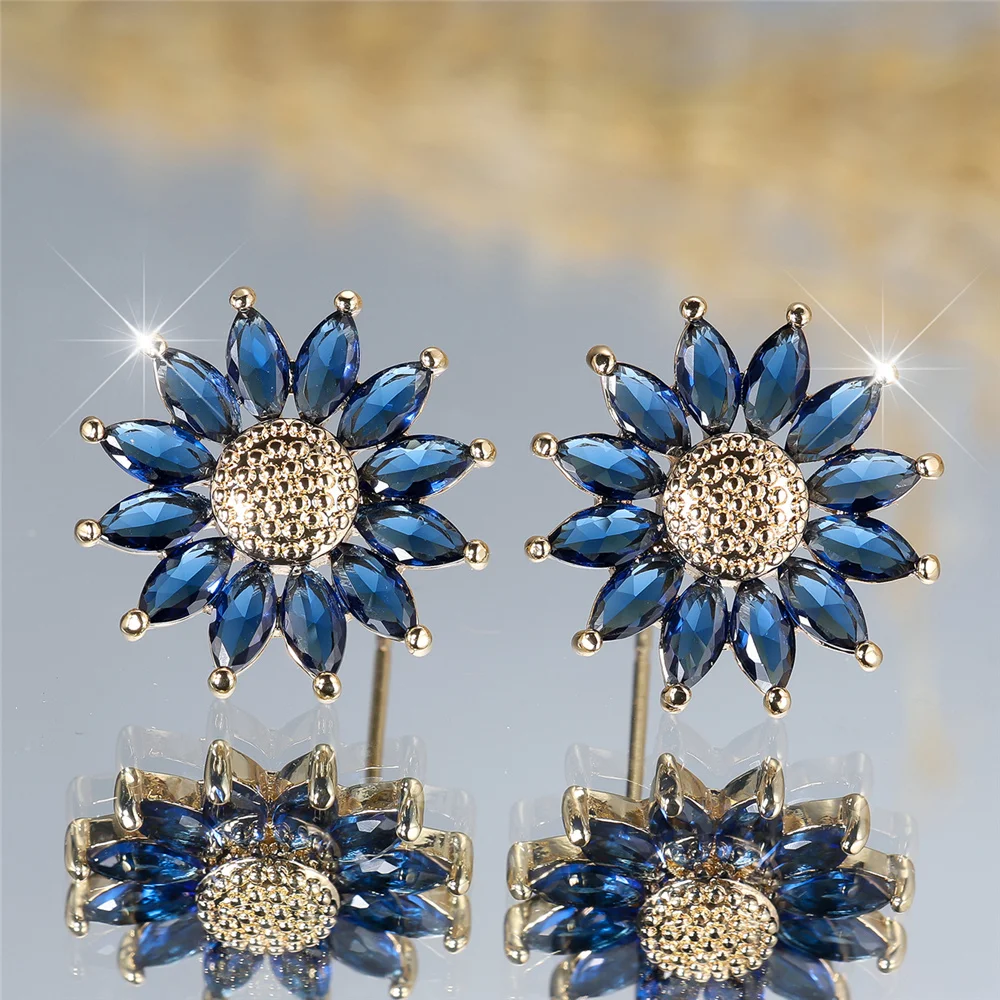 Female Cute Crystal Green Blue Zircon Stone Sunflower Stud Earrings Vintage Gold Color Wedding Fashion Jewelry For Women