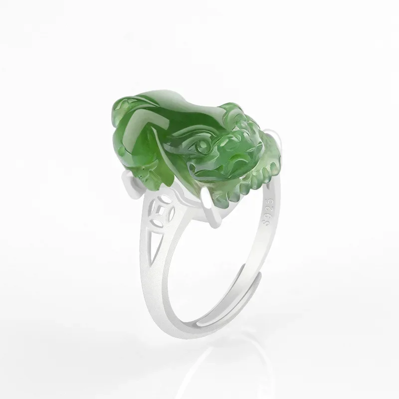 

Natural Emerald Green Jade Pixiu Ring S925 Silver Inlaid Size Adjustable Fashion Women's High Grade Traditional Jewelry Gift