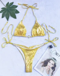 Złote nadruk węża Bikini Rhinestone Y2K kostium kąpielowy stringi 2024 modne damskie dwuczęściowe strój kąpielowy Bikini stringi