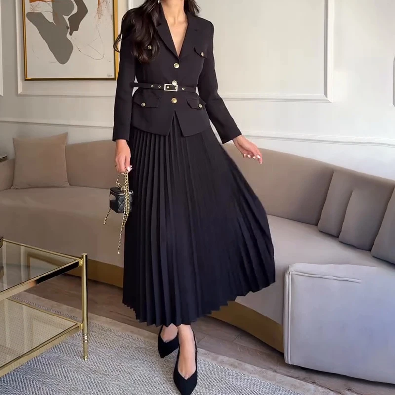 2025 Spring Long Sleeved Jacket and Skirt Suit Simple Solid Color Slim Commuting Outfit Elegant Temperament Slim Women\'s 2pc Set