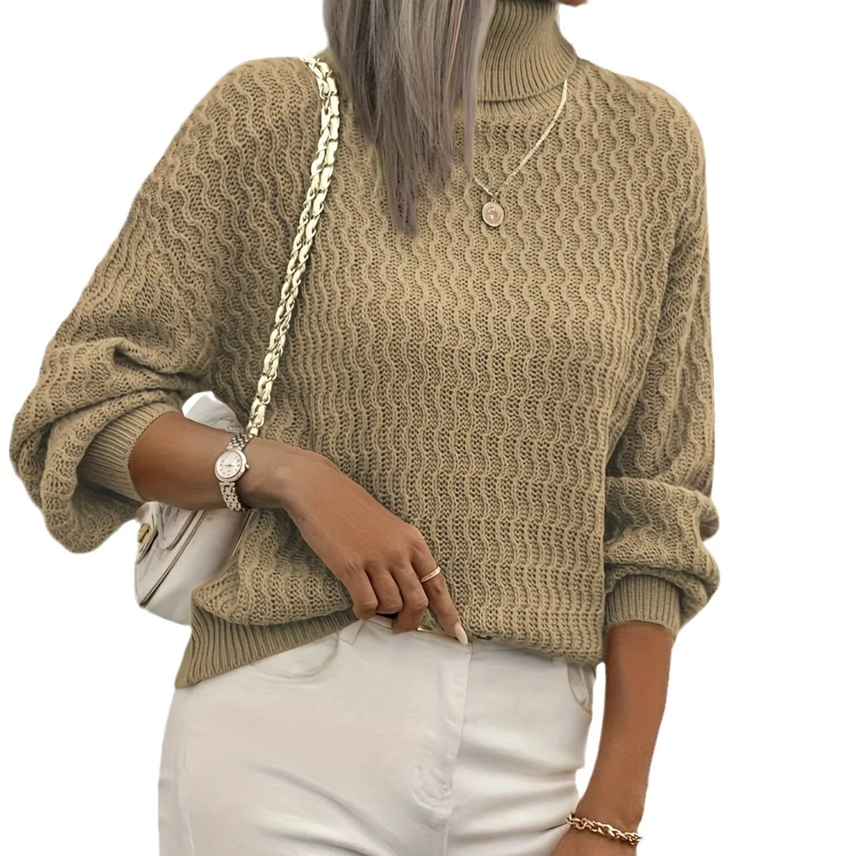 2024 Fashion Loose Ribbed Knitted Sweater Top Long Sleeve Casual Off-shoulder Turtleneck Women's Pullover Sweater Autumn Winter
