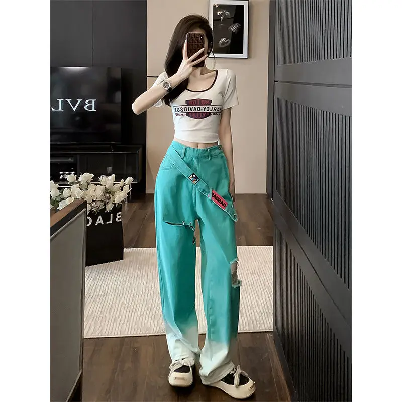 Street Style Age-reducing Western-style Denim Wide-leg Pants for Women with Gradient Trousers