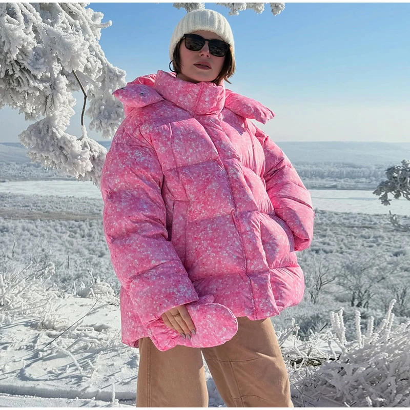 Polka Dot Padded Coat Color‑block Hooded Stand Collar Zipper Buttons Oversized Jacket 2026 Winter Women Warm Chic Casual Outfits