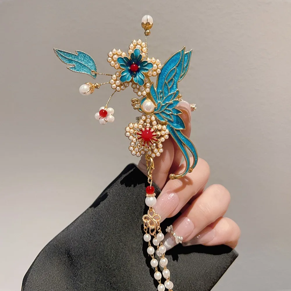 Elegant Women's Enamel Flower Tassel Hair Stick Retro Hanfu Style Dangle Chain Design Hair Accessory