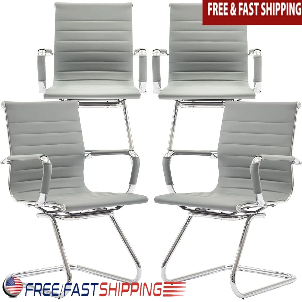 

Ergonomic Office Desk Chair No Wheels Set of 4 PU Leather Mid Back Computer Guest Chairs Reception Conference Waiting Room