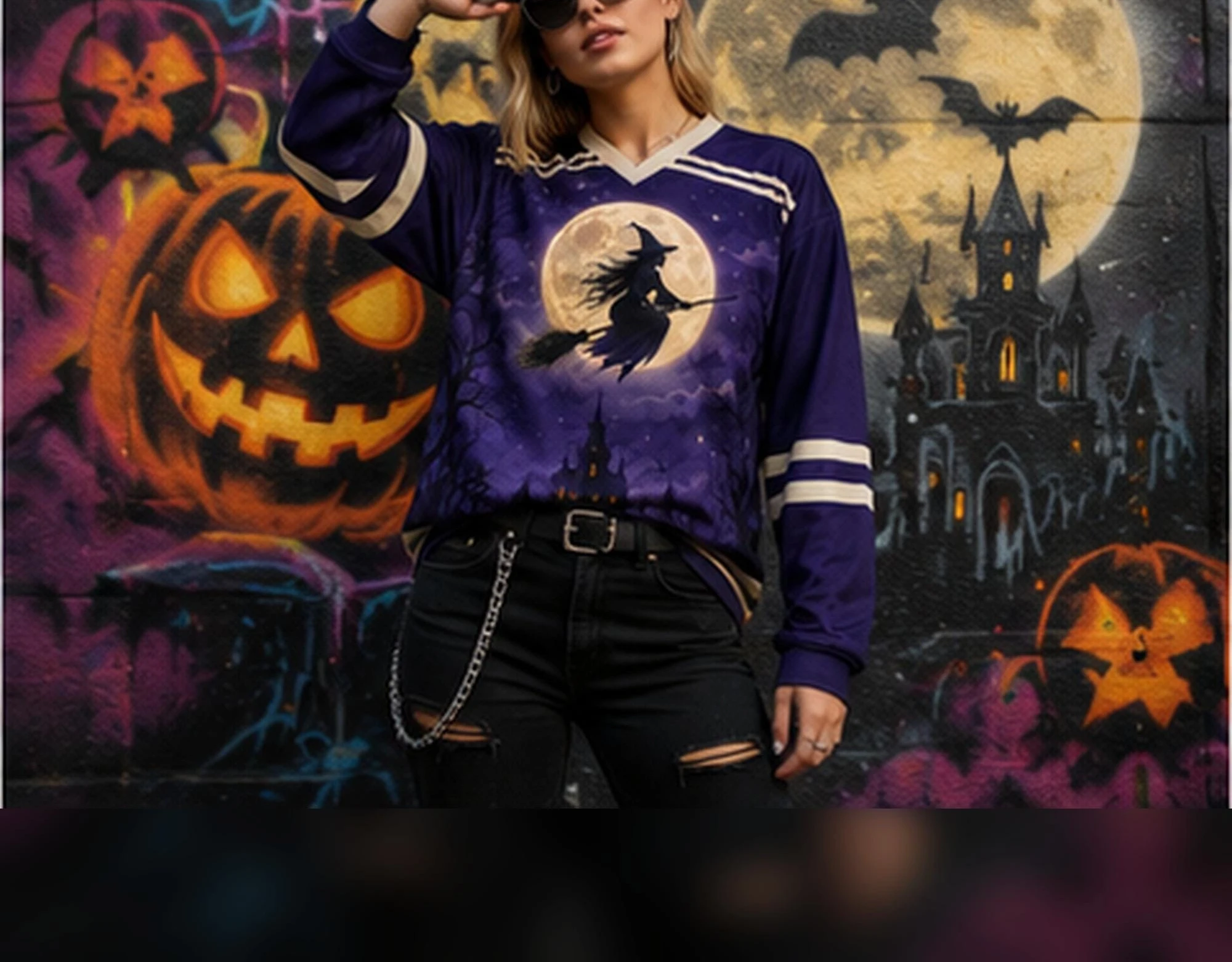 Gothic Witch on Broomstick Graphic Hockey Jersey 3D Print V Neck Long Sleeve Halloween Festival Streetwear Tops Family Matching