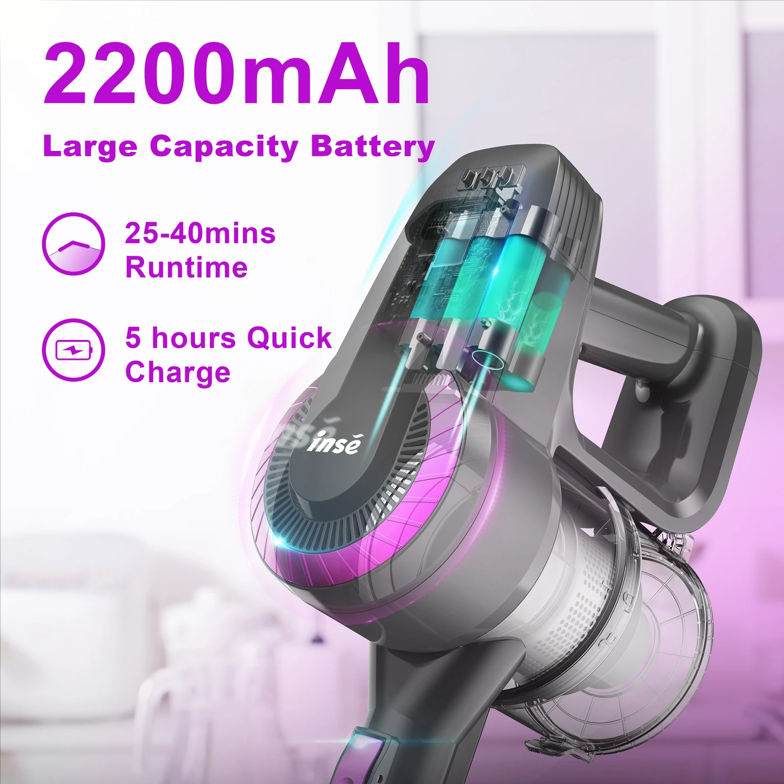 INSE N370 Cordless Vacuum Cleaner, 2200mAh Removable Battery Up to 40Mins Runtime, Stick Vac for Pet Hair Hard Floor Carpet