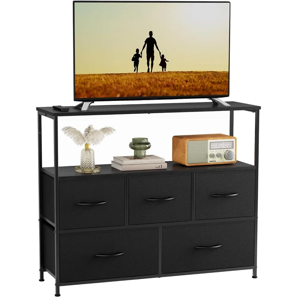 

TV Stand for Bedroom, TV Dresser for 45 inches, Entertainment Center with 5 Fabric Drawers Cabinet, Open Storage Shelf Cabinet