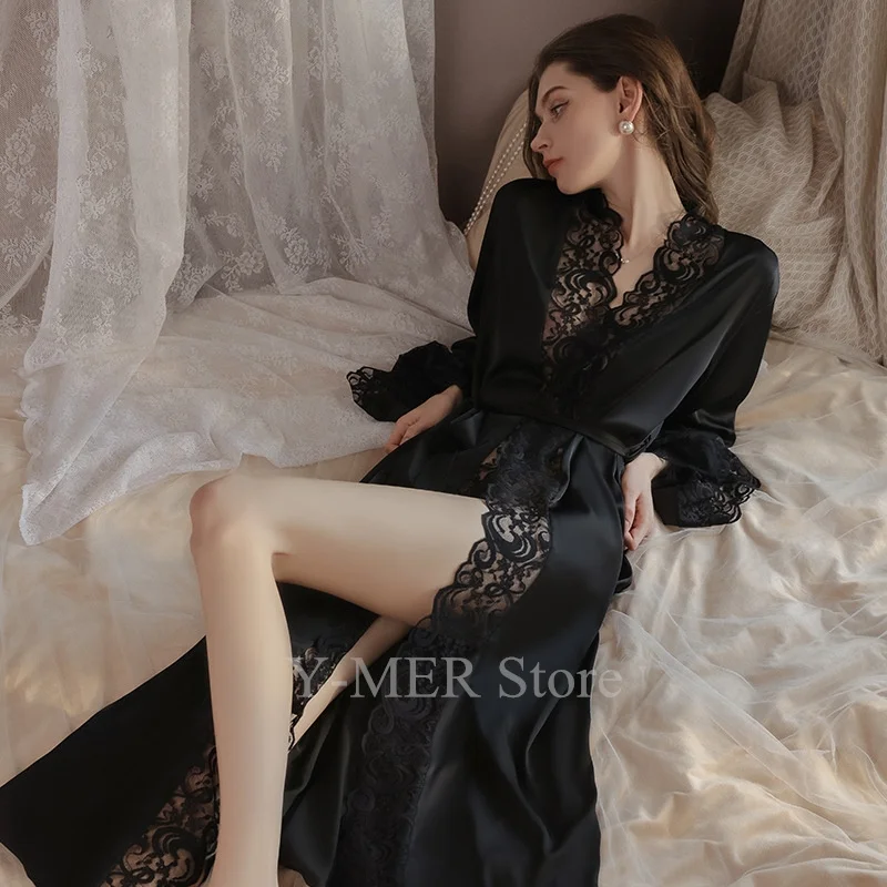 Long Kimono Bathrobe Lady Sexy Lace Full Slip Nightgown Loose Wedding Morning Dress Gown Soft Satin Homewear Intimate Lingerie