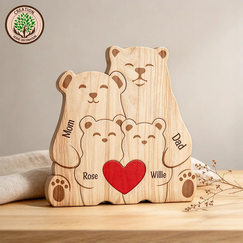 Wooden Family Puzzle Custom Free Engraved Animal Multilingual Personalized Name Sculpture Mother's Day Anniversary Birthday Gift
