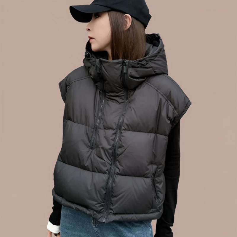Herbst Winter Kurze Baumwolle Weste Frauen 2025, Neue Mode Lose Beiläufige Verdicken Unten Weste Mit Kapuze Oberbekleidung Weibliche