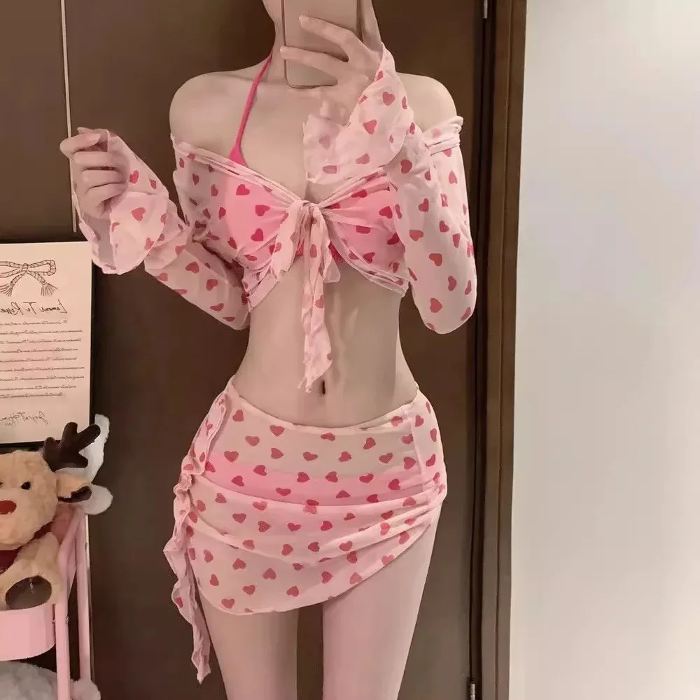 sexy Korean fashion pink heart print swimsuit 4pcs autumn long flare sleeve cover top with skirt bikinis padded swimwear biquini