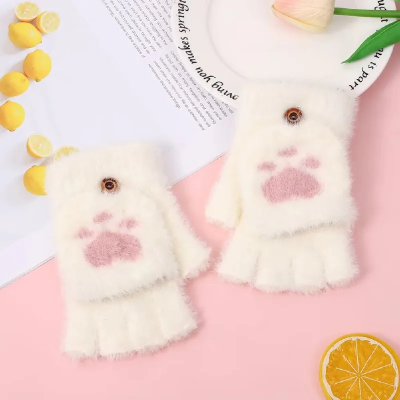 Women's Thick Warm Cat Claw Paw Gloves Fashion Plush Mittens Soft Short Fingerless Half Finger Winter Gloves for Girls