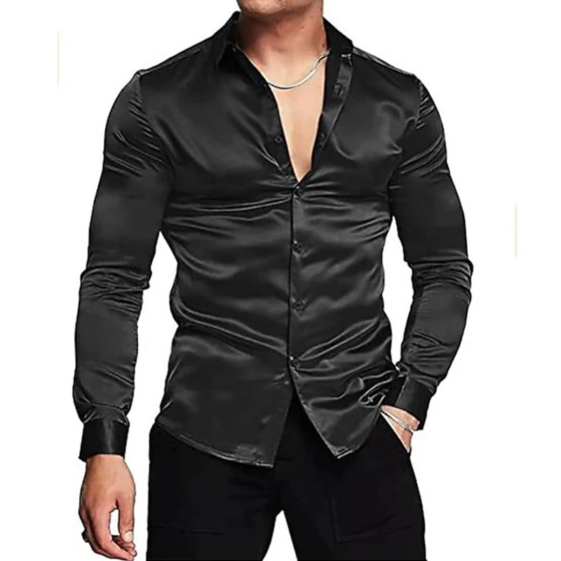 Camisas masculinas vintage de cetim manga longa, lapela de botão, camisa de seda macia masculina, cor sólida, top fino brilhante, casual, nova, primavera