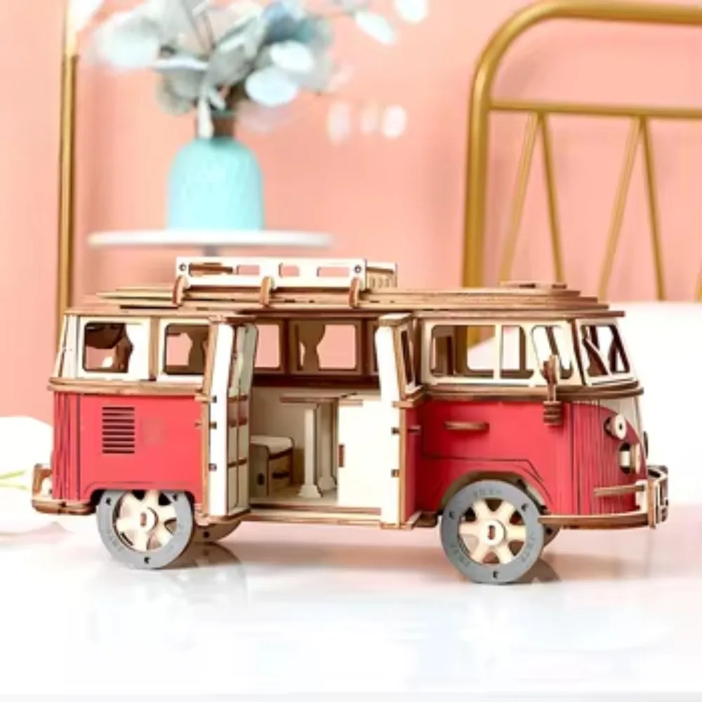 3D Wooden Car Retro Bus Parent Child Interactive Creative DIY Toys Wooden Puzzle House Model Decoration Children's Puzzle Gift