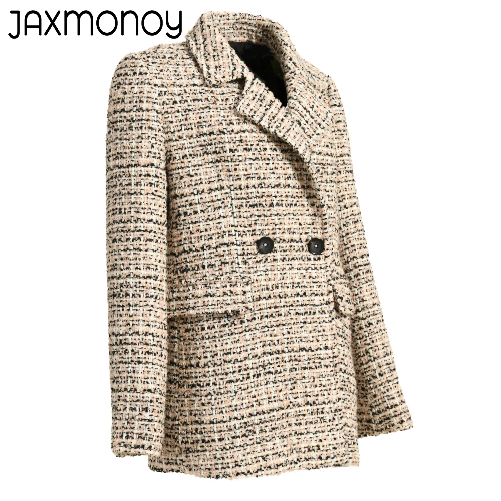 Jaxmonoy Women's Tweed Jacket Double-Breasted High-Quality Winter Woolen Coat Fashion Office Ladies Suit 2023 Spring New Style