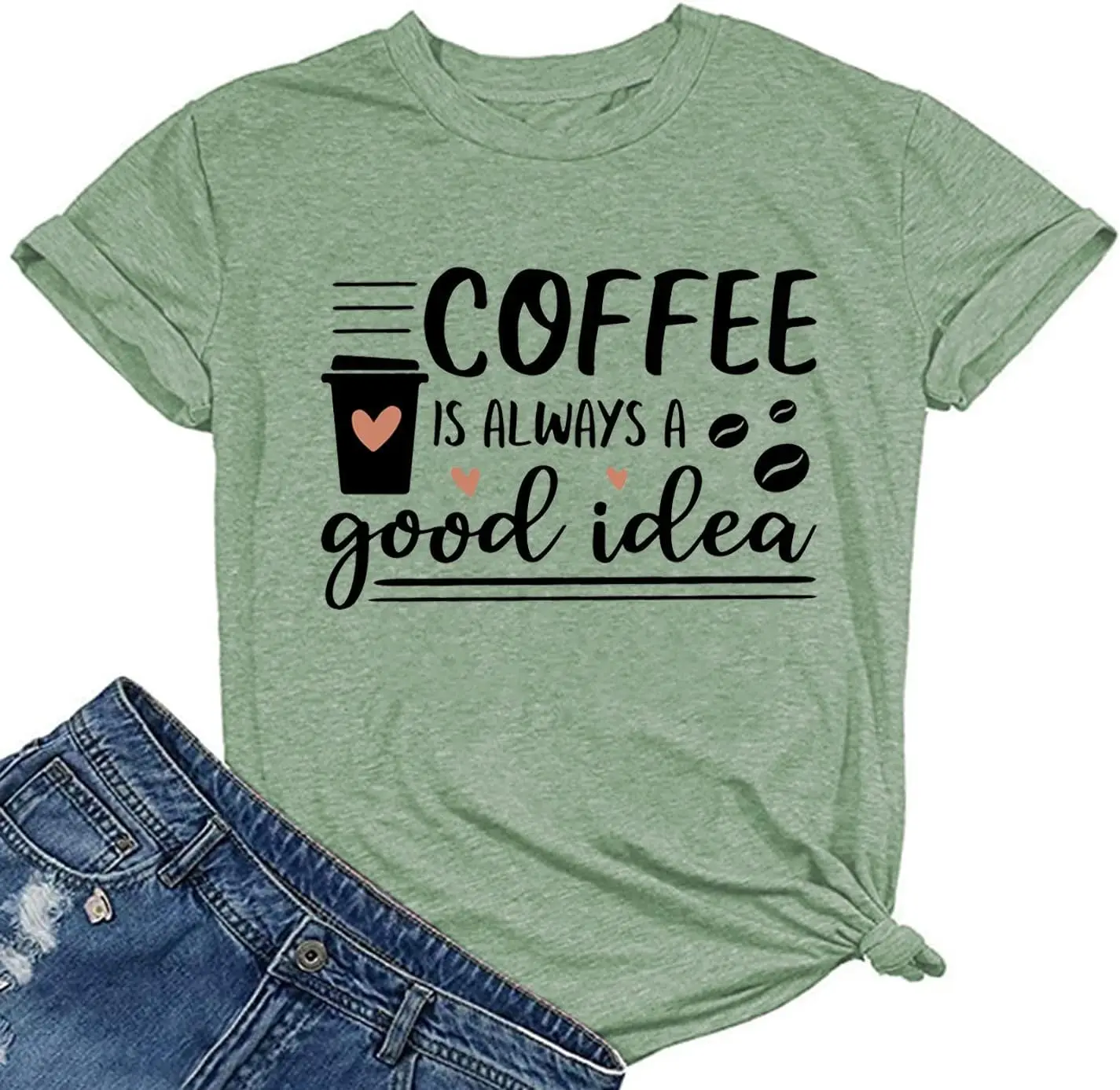 

Funny Sayings Shirts for Women Coffee is Always a Good Idea Cute T-Shirts Casual Short Sleeves Tees Top Green XL