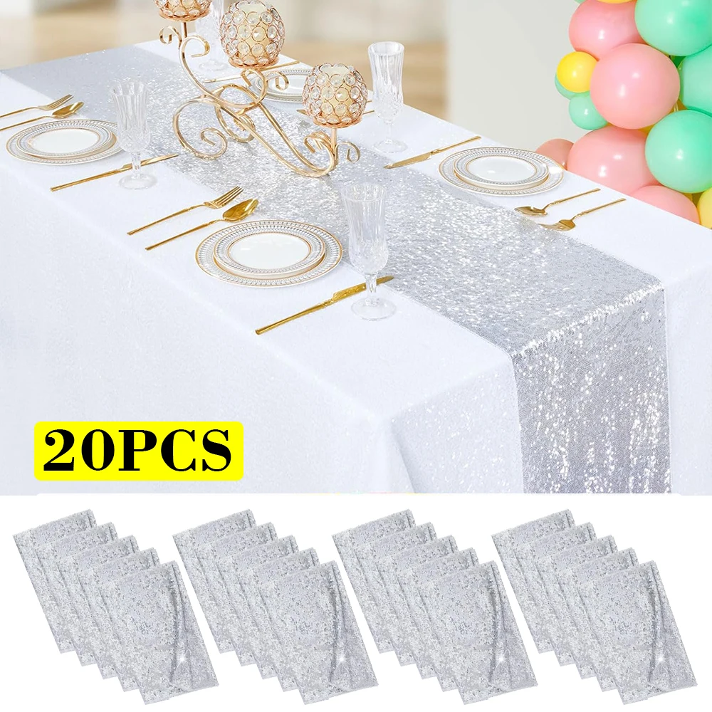 

20 Pcs-12x72 Inches Silver Sequin Table Runner Sparkle Table Runner for Baby Bridal Shower Wedding Birthday Party Table Decor