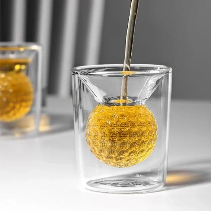 2pcs 50ml Golf Ball Glass Cups Funny Double Walled Shot Glass Drinking spirits Glasses Forwhiskey tea Espresso coffee