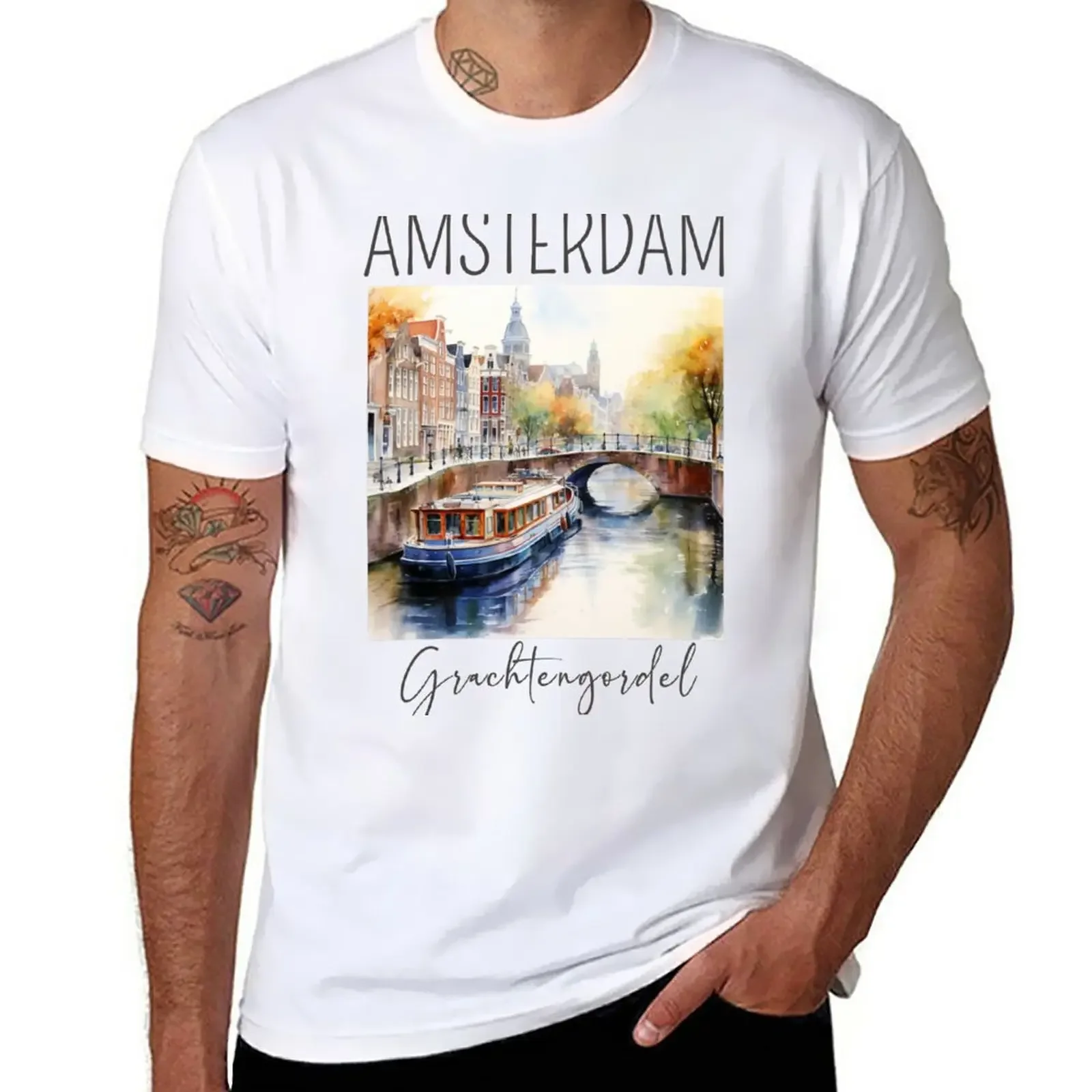 New A Watercolor Design of the Grachtengordel (Canal Ring) - Amsterdam - Netherlands T-Shirt plus size tops Men's t shirts