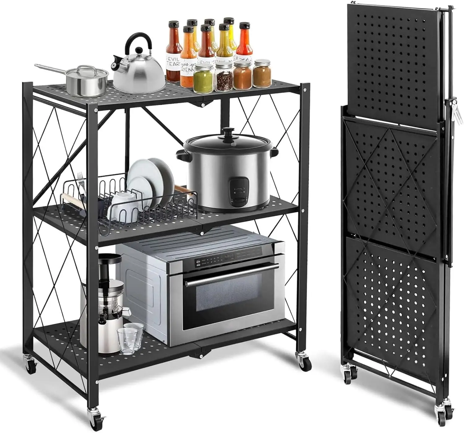 Foldable Storage Shelves with Wheels, Folding Shelving Units Storage, Heavy Duty Metal Collapsible Shelf No Assembly, Large Capa