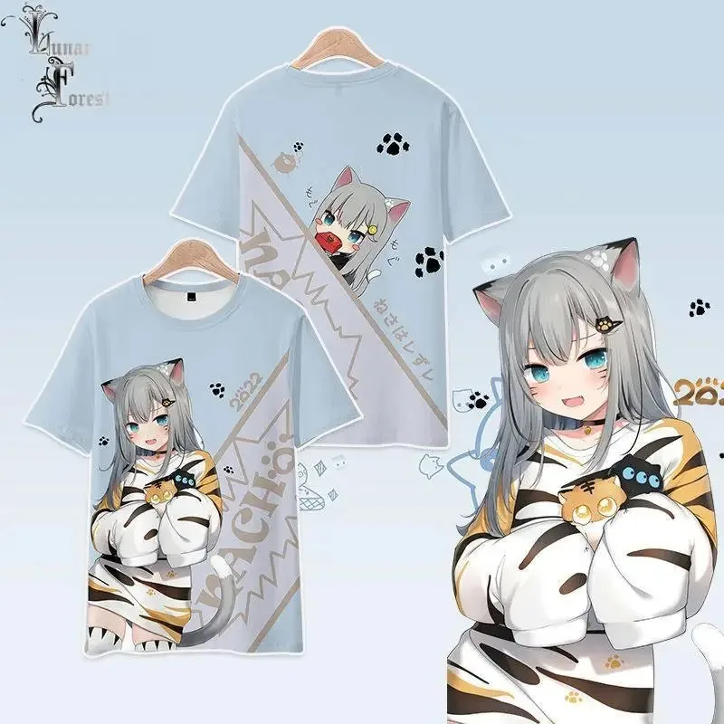 Vtuber nekoha shizuku 3d printing t-shirt summer fashion round neck short sleeve popular japanese harajuku streetwear 2024