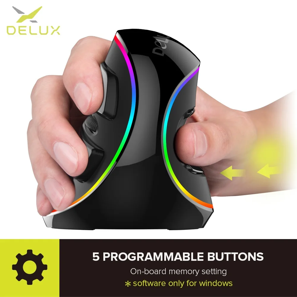 

Эргономичная вертикальная игровая мышь Delux M618 PLUS, 6 кнопок, 4000 точек на дюйм, RGB, проводная/беспроводная, для правой руки, для ПК, ноутбука, компьютера