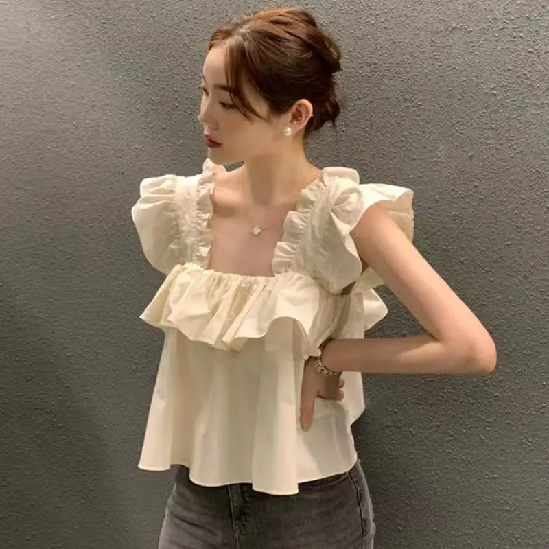 Blouse Elegant Square Neck Ruffled Edge Loose Flying Sleeve Shirt Blusas Mujer De Moda 2024 Verano Crop Top Tanks Lady Camis