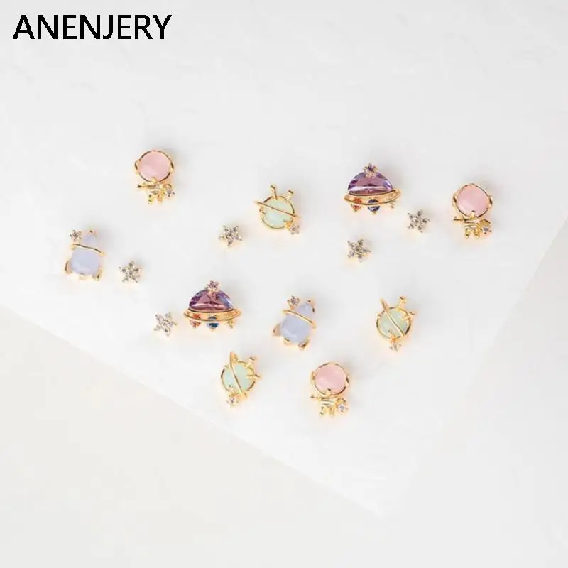 ANENJERY Colorful Zircon Space Elements Stud Earrings for Women Alien UFO Rocket Earrings Girls Birthday Special Jewelry Gifts