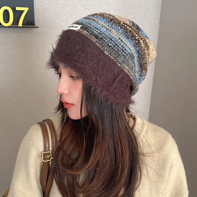 2024 new personalized large head circumference plush knitted pile cap cold proof ear protection and warmth retention