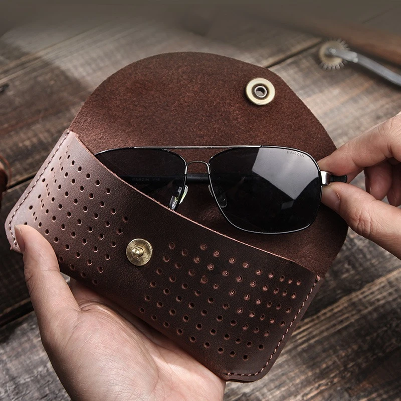 

New Retro Crazy Horse Cowhide Hollow Glasses Case, Clamshell Type, Handmade Genuine Leather Glasses Storage Leather Case