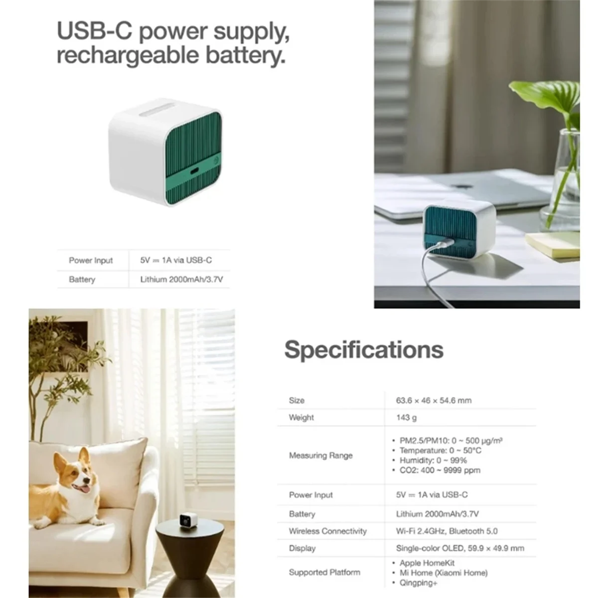 AUU-Air Quality Detector WiFi 5In-1 Air Quality Monitor CO2/Temperature/Humidity/PM2.5/PM10 For Home School Office Grow Tent