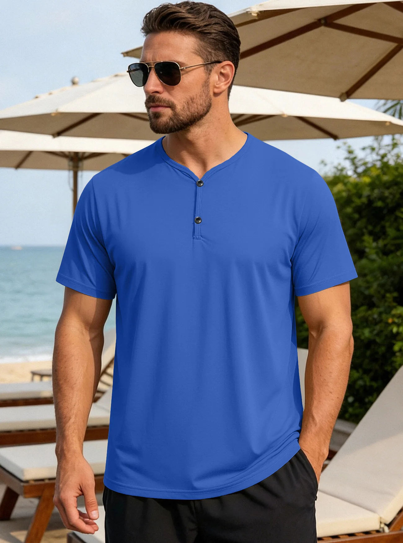 

New summer men's Henry collar plain-color soft-touch breathable sweat-wicking lightweight casual sports short-sleeved T-shirt