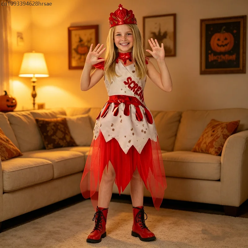 

Mädchen Red White Scream Queen Prom Suit Cosplay Scary Costume Bloody Zombie Princess Stage Performance Fancy Dress Up