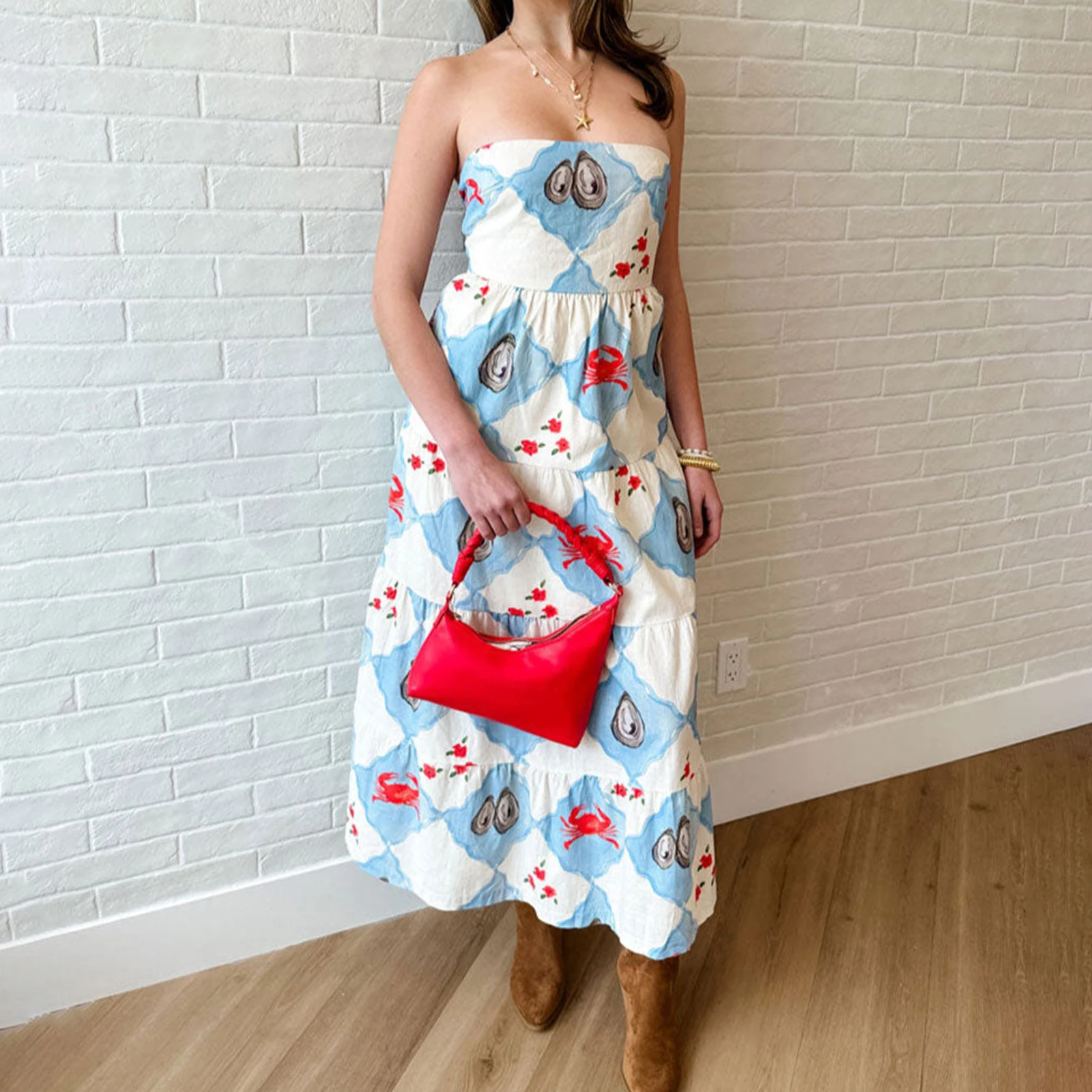 ผู้หญิงฤดูร้อนสไตล์ชายหาดแขนกุด Vestidos ชุดดอกไม้กุ้งก้ามกรามพิมพ์กลับ Bowknot Strapless Flowy ชุดยาว