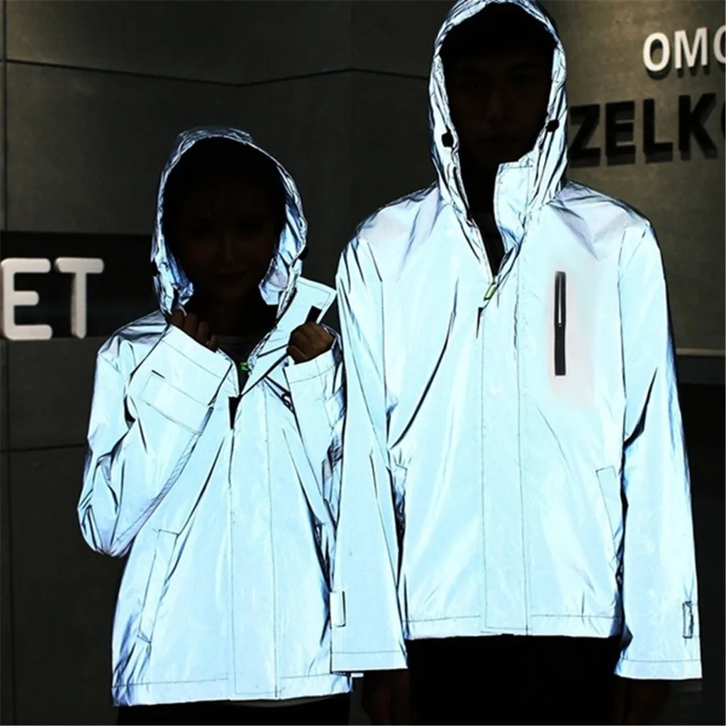 Night Reflective Jackets Double Fabric Windbreaker Hooded Jacket Men Hip Hop Dancer Singer Waterproof Zipper Coats Outwear