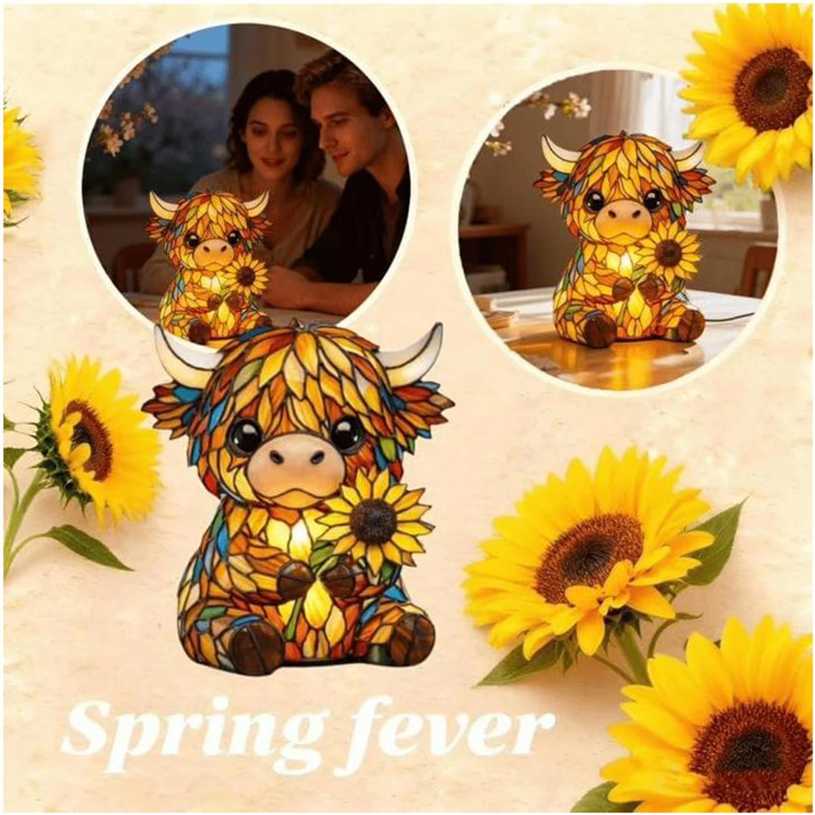 LED 3D Animal Night Lamps USB Sunflower Highland Cow Table Lamp Handcrafted Stained Glass Night Light for Living Room Desk Decor