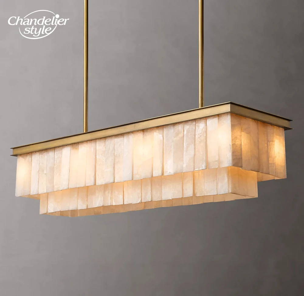 

Modern LED Chandelier Marble Glace Calcite Rectangular Chandeliers Lighting Dining Room Kitchen Island Hanging Lamps Decoration