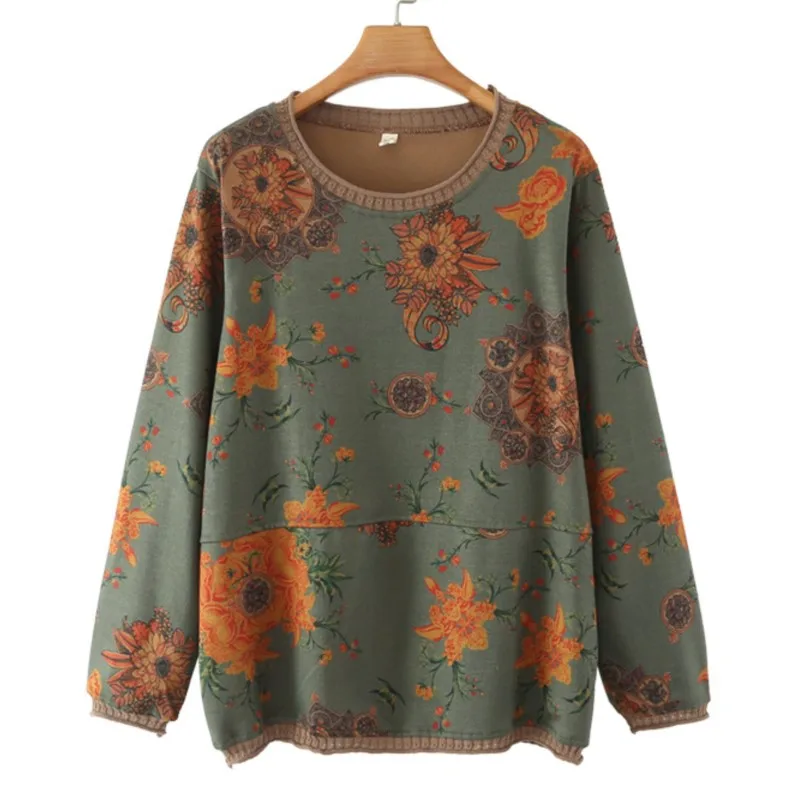 Camiseta de manga larga de talla grande para mujer, ropa informal de primavera y otoño, Tops de fondo con estampado Floral grande, camisetas de cuello redondo para personas mayores