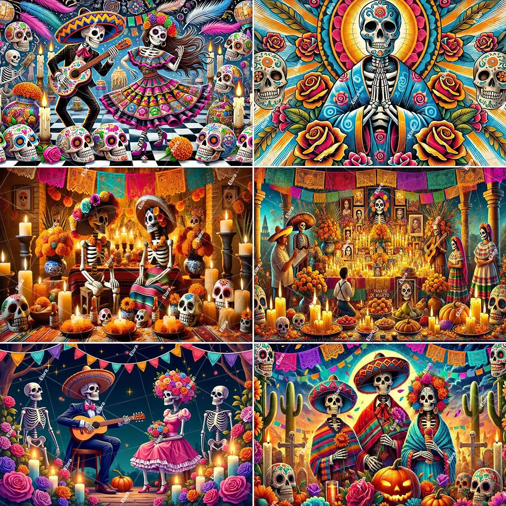 

Mexican Day Of The Dead Photography Background Skull And Marigold Pattern Holiday Party Decoration Background Banner Photo Booth