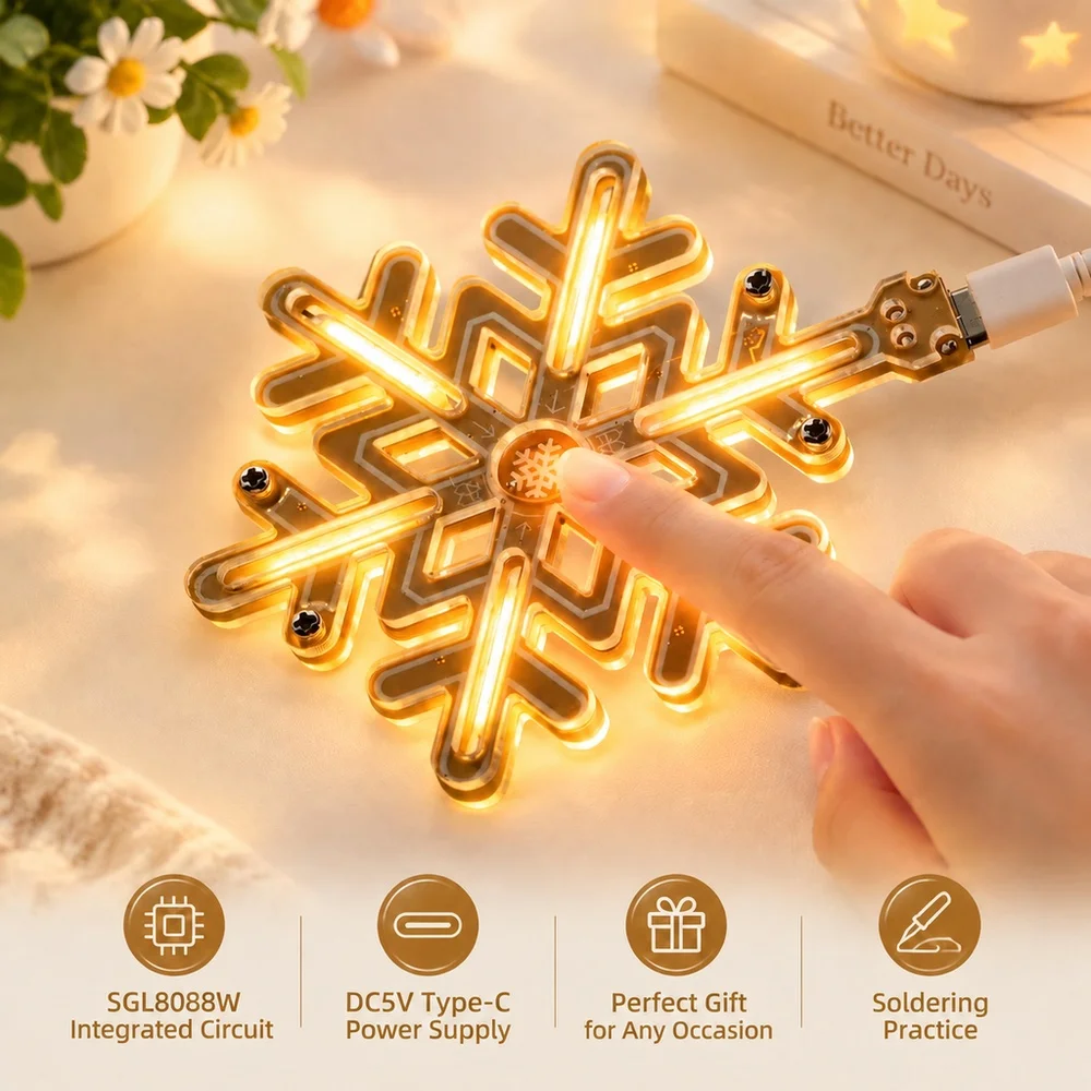 DIY Snowflake Night Light Kit Touch Activated Stepless Dimming Circuit Electronic Soldering Kit Type-C Connector DC5V