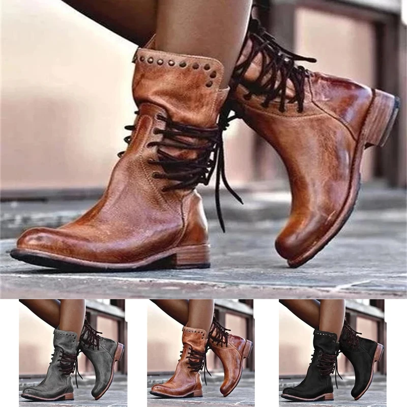 Autumn Winter New Women Boots Low Heel Round Toe Rivet Rear Zipper Mid Calf Boots Retro Rome Shoes Plus Sizes 42 43