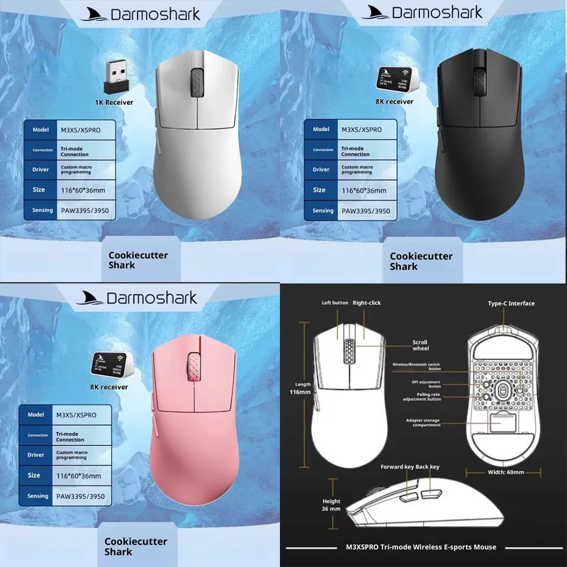 

Darmoshark M3xs/Pro Wireless Bluetooth Mouse Wired Tablet Game E-Sports Game Live Office Mouse Men And Women Holiday Gifts