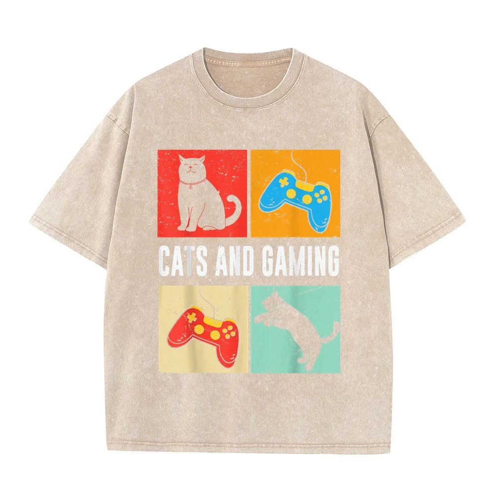 Cats and Gaming for The Cat Lover Gamer Video Game Player T-Shirt Tシャツ Shirt Herren 고퀄 Graphic Print Cotton Tee Kitten Men Pet