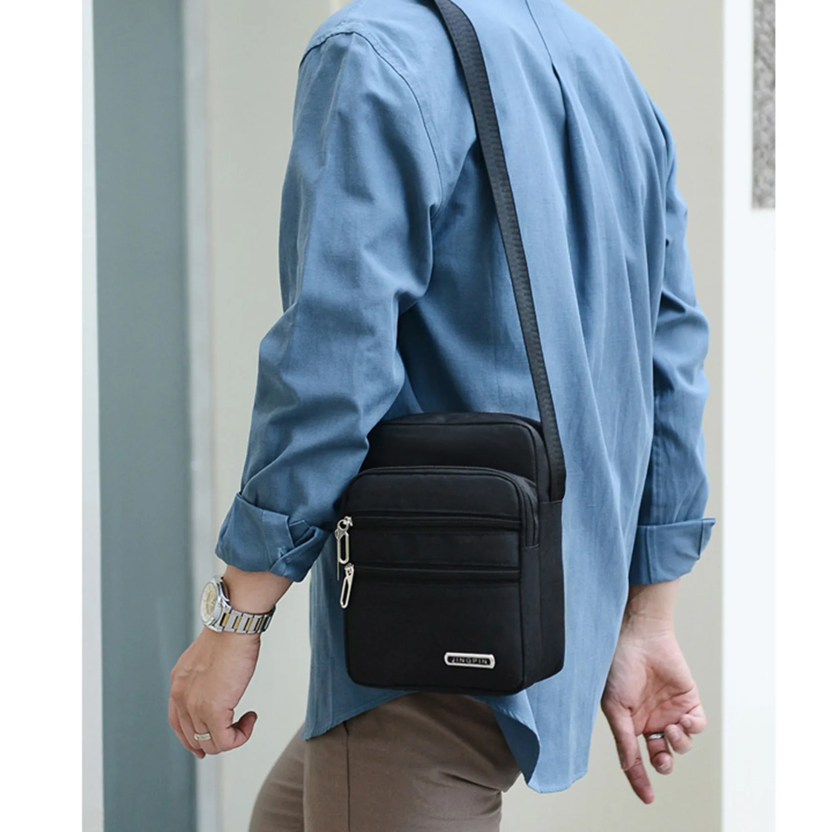 Bolso de hombro para hombre, bolsa portátil de gran capacidad con cremallera, multicapa, impermeable, de verano