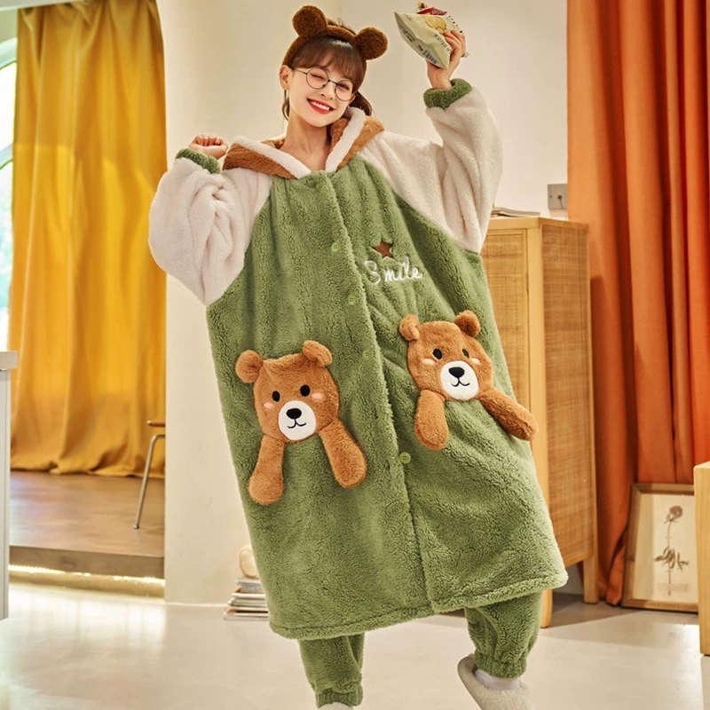 Winter Thicken Women Night-robe Pajamas Hooded Soft Warm Nightgown Sleepwear Kawaii Bear Pijama Mujer Plush  Female Loungewear