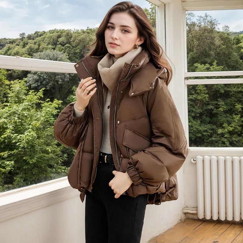 Female Down Cotton Short Jackets Casual Loose Long Sleeve Hooded Non-removable Snow Warm Outerwear Fashion Zipper Pocket Coats