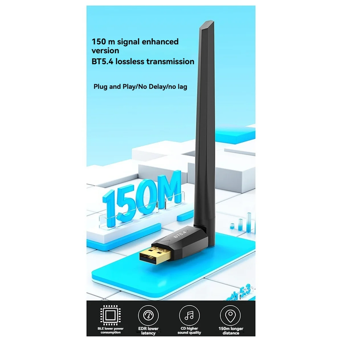 Adaptador USB Bluetooth 5.4 de 150m Adaptador Bluetooth grátis JAS